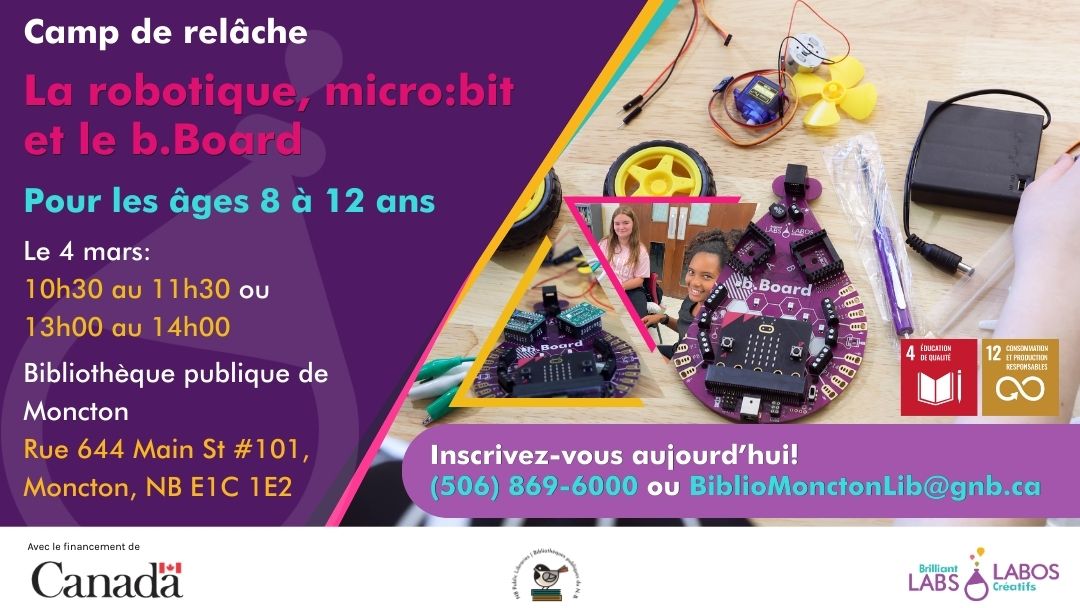 Affiche présentant le programme de la bibliothèque française de Moncton pendant les vacances de mars