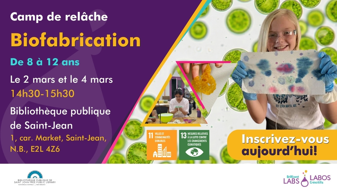 Affiche présentant le programme du camp de vacances de la bibliothèque publique de Saint-Jean pendant les vacances de mars
